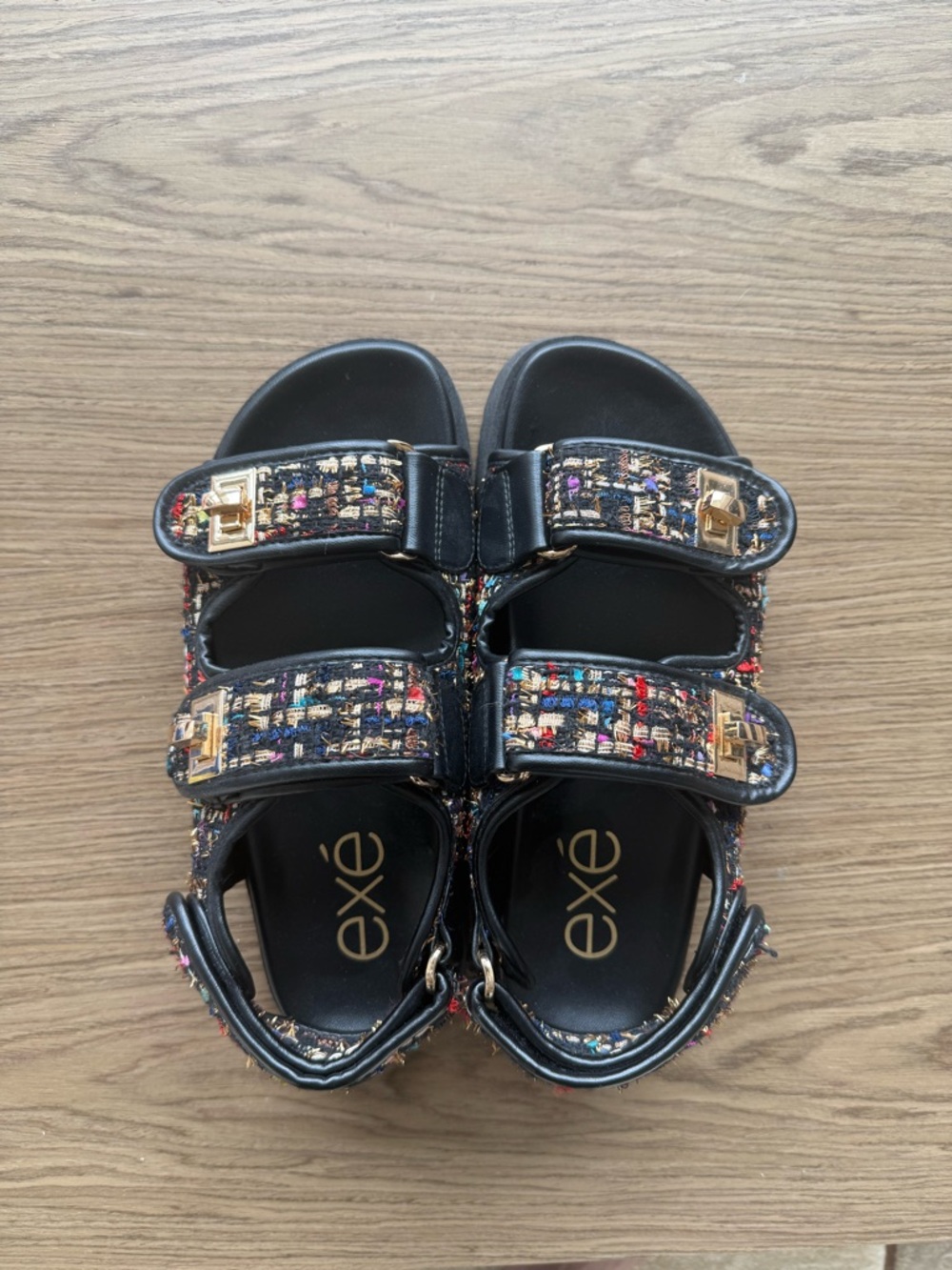Women Black Multicolor Tweed Velcro Sandals